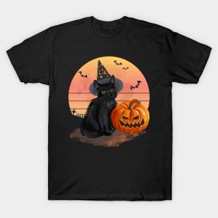 Black Cat With Pumpkin Moon and Bats Halloween Watercolor Painting T-Shirt